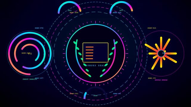 a glowing digital diploma animation featuring pulsing neon circular user interface elements with glowing laurel leaves and geometric patterns that rotate against a dark purple canvas