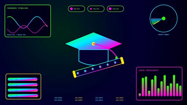 A glowing digital diploma icon appears in a sequence of neon user interfaces showcasing data metrics and animated graphs against a dark moody gradient field