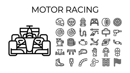 Fototapeta premium Motor Racing Icons: A collection of linear icons representing various elements of motor racing, including a formula 1 car, helmet, steering wheel, tires, engine, racing track, and checkered flag.