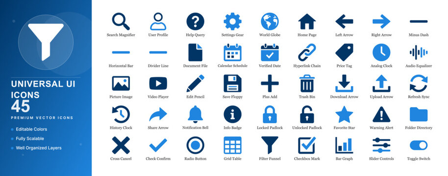 Universal ui toolkit icon set interface ux controls widget elements app web components button menu slider toggle screen layout template software development gui utility system vector isolated