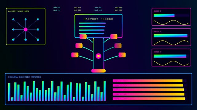 A digital diploma system interface displays progressive data metrics across three separate monitor screens showing evolving graphs charts and network node structures in dark aesthetic