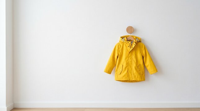 Bright yellow raincoat hanging on a minimalist wooden hook on a white wall
