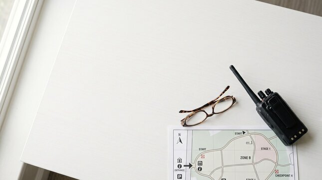 Top down view of a walkie talkie, glasses and a map on a white table