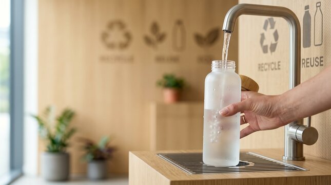 Frosted glass water bottle being filled at a modern wooden water station