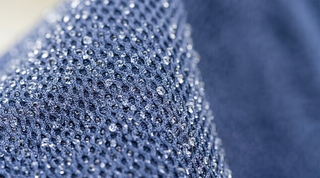 Close-up of navy blue athletic mesh fabric with water droplets