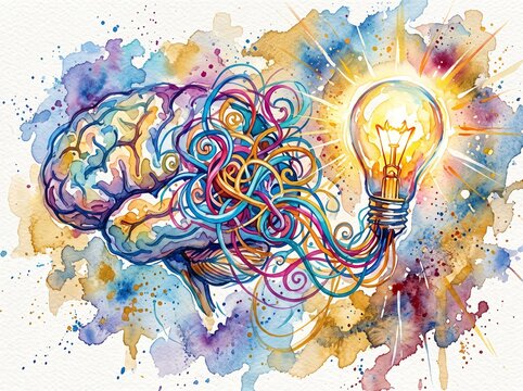 Human Brain Connected To Glowing Electric Light Bulb Showing Creative Thinking Process With Colorful Watercolor Splashes Representing Wisdom Knowledge Imagination Innovation And Intellectual