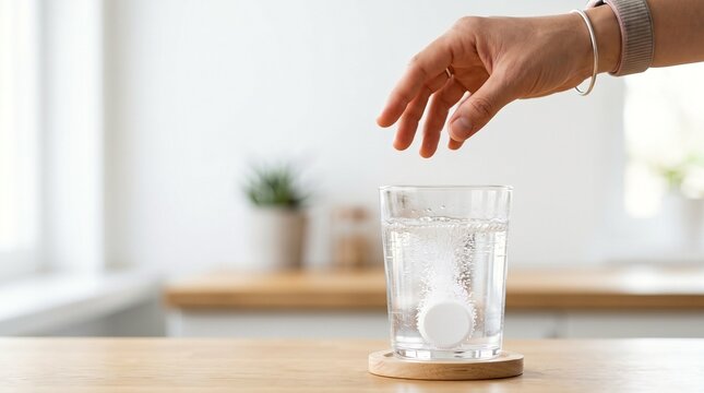 Hand dropping an effervescent electrolyte tablet into a glass of water