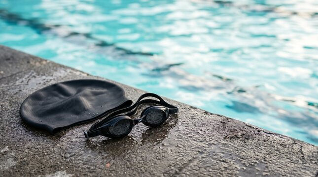 Black swimming cap and goggles on a wet concrete pool edge