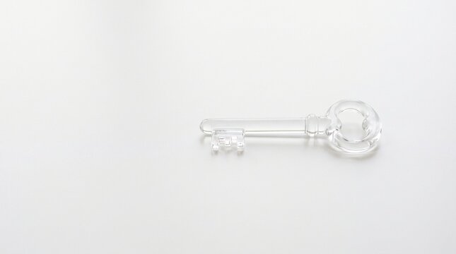 Single transparent glass key resting on a plain white surface