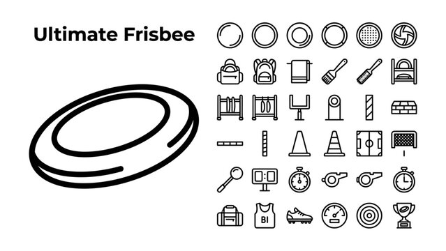 Ultimate Frisbee Icon Set: A collection of line art icons representing ultimate frisbee and related sports equipment.