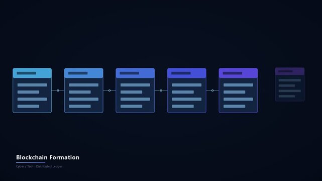 Blockchain Distributed Ledger Formation with Connecting Blocks on Dark Background