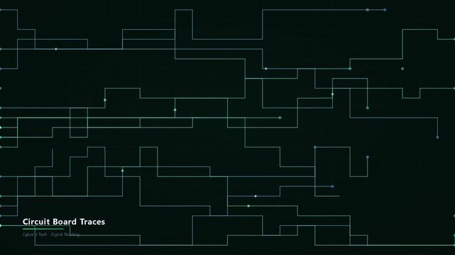 Circuit Board Traces Growing with Signal Routing on Dark Grid Background