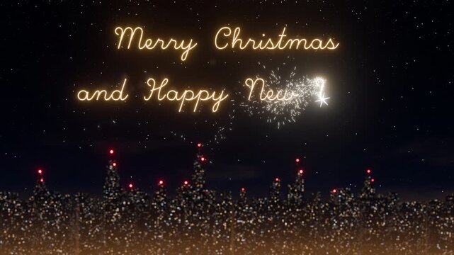 A 3D render animation of Merry Christmas and Happy New Year 2027 text, being written by a glowing sparkler in the night sky over a blurred city skyline