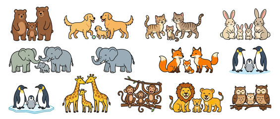 Obraz premium Cute Cartoon Animal Families Isolated Transparent Background