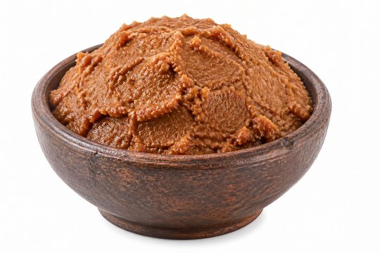 Brown miso paste scooped in wooden bowl on white background