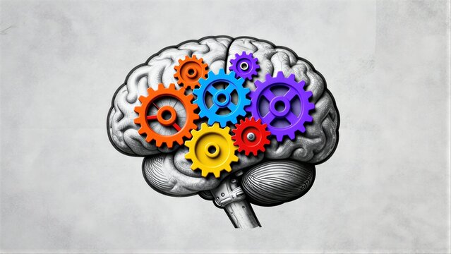 Colorful gears spin within a detailed brain, symbolizing complex thought processes.