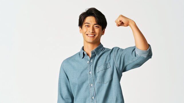 A casual man flexing his biceps with a confident expression