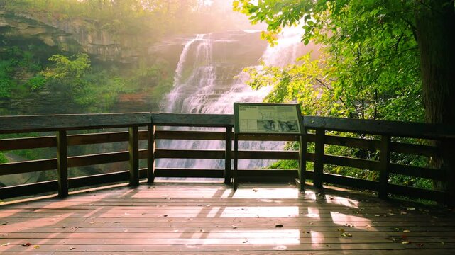 Female Hiker on The Lower Viewing Platform at Brandywine Falls, Cuyahoga Valley National Park, Ohio, USA