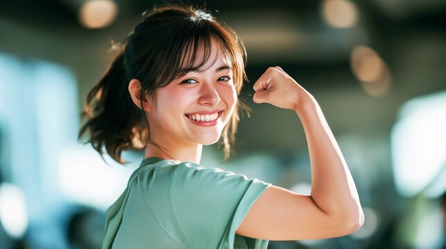 A healthy young woman smiling and striking a victory pose at the gym
