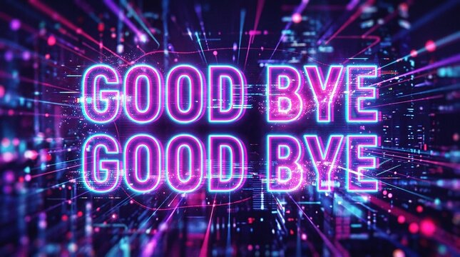 Neon sign displaying the words good bye repeated twice against a blurred background