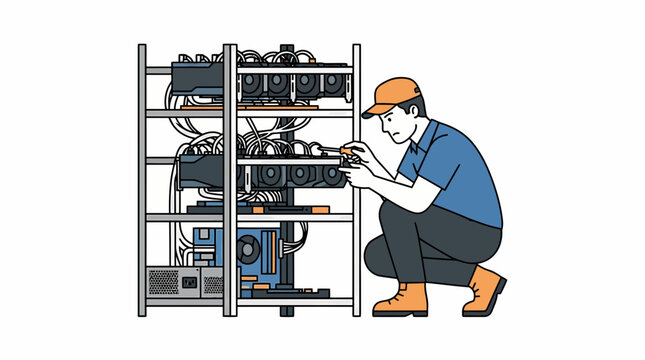 Technician working on a mining rig, a rack of computer components