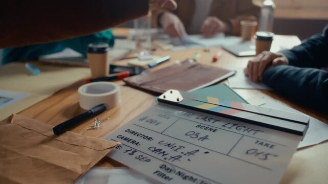 Movie slate clapperboard reading Last Light resting on table as creative team discussing papers in background during film preproduction planning meeting. Close up view
