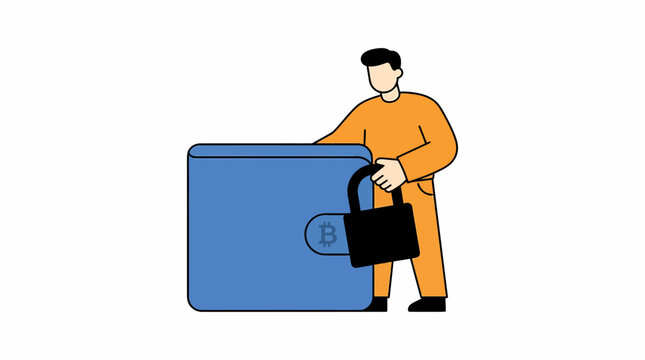 Illustration of a person locking a cryptocurrency wallet. The wallet is large and blue with a Bitcoin symbol on it. The person is holding a black padlock and is about to secure the wallet