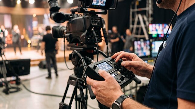 Broadcast technician operating camera control panel in a television studio production