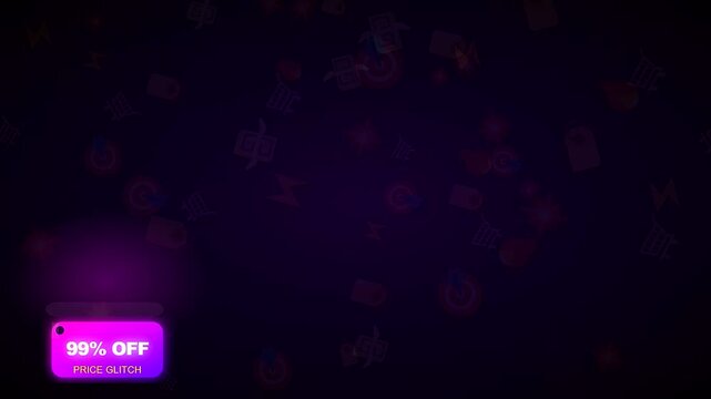 vibrant neon purple labels announcing a black friday price glitch event floating across a dark void filled with subtle commerce symbols and glowing light particles