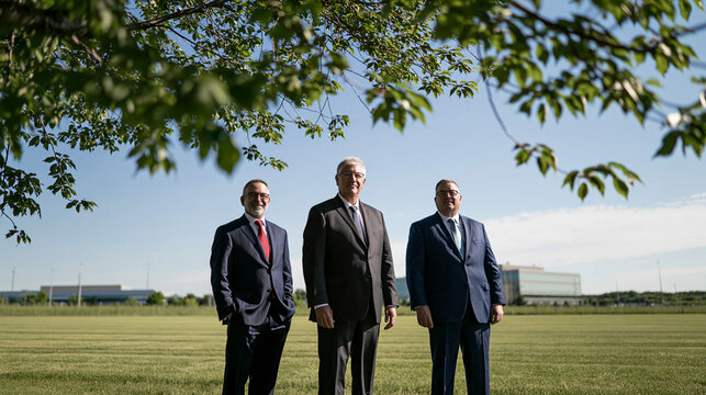 Three corporate executives in formal attire standing on grass under a tree frame, business leadership concept