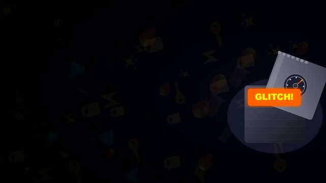 A rotating notebook icon with a glowing price glitch symbol appears on a dark field as black friday shopping deals emerge during this digital animation sequence