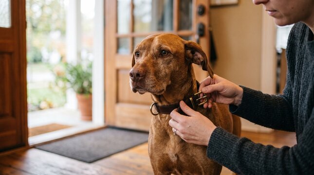 Person putting a collar on a brown dog near a doorway with plants and a doormat
