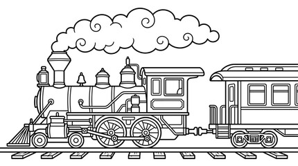 Vintage steam locomotive with passenger car, emitting smoke, on railroad tracks, black and white outline illustration © risma
