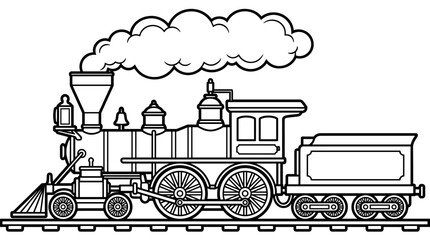 Vintage steam locomotive with smoke, black and white outline illustration on white background, graphic element © risma