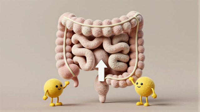 Friendly yellow microbes cheerfully greet a cartoonish, plush intestine with an upward arrow.