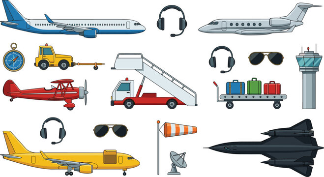 Commercial and Military Aviation Vector Set with Passenger Airplane Cargo Jet Control Tower Boarding Stairs and Ground Support Vehicle Icons