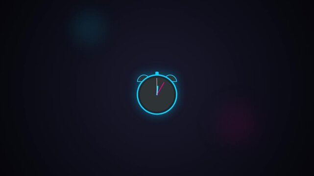 Alarm clock with glowing blue neon outline ticking against a dark background representing time passing
