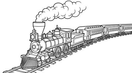 Vintage steam train locomotive with passenger cars on railway tracks, emitting smoke from chimney, black and white outline illustration © risma