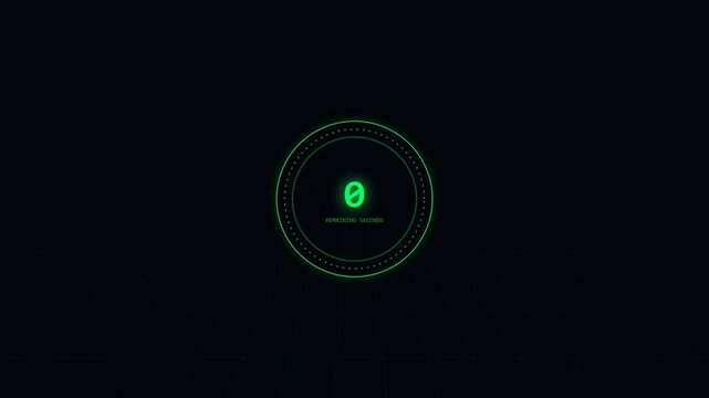 Digital countdown timer with a glowing green circular HUD interface on a dark sci fi grid background