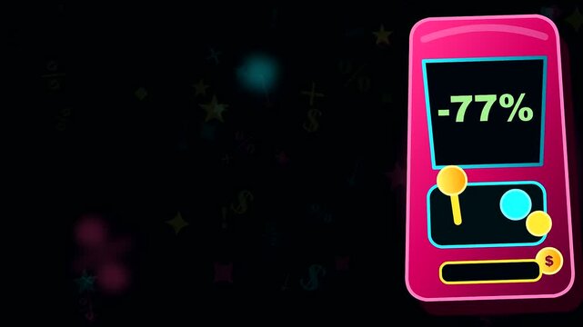 Neon smartphone interface display showcasing a black friday price glitch event with vibrant pink aesthetic elements glowing against a deep dark void with scattered digital icons