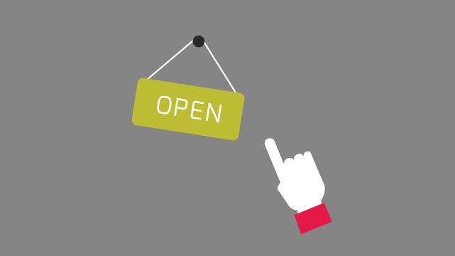 Flat vector animated hand tapping and turning a hanging wooden sign board that reads "OPEN"