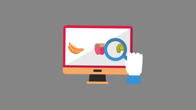 Flat vector animated computer screen displaying food items with a magnifying glass cursor searching for fresh products