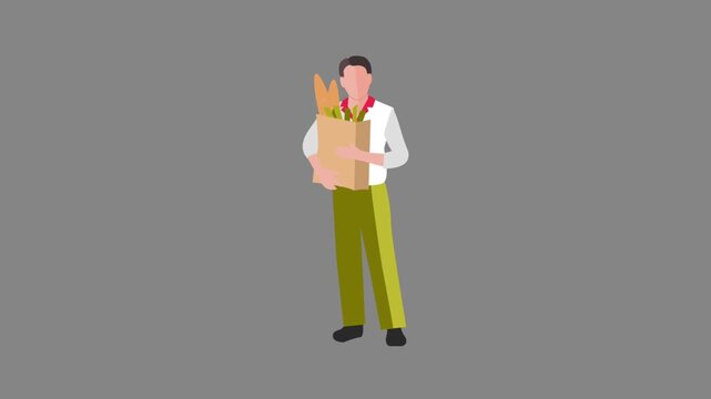 Flat vector animated businessman character carrying a brown paper bag full of fresh bread and vegetables