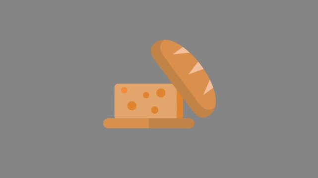 Flat vector animated sliced block of cheese with holes and a fresh bread baguette on a wooden cutting board
