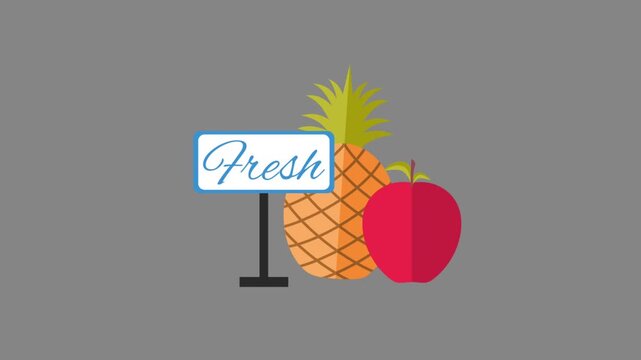 Flat vector animated fresh fruit display featuring a pineapple, a red apple