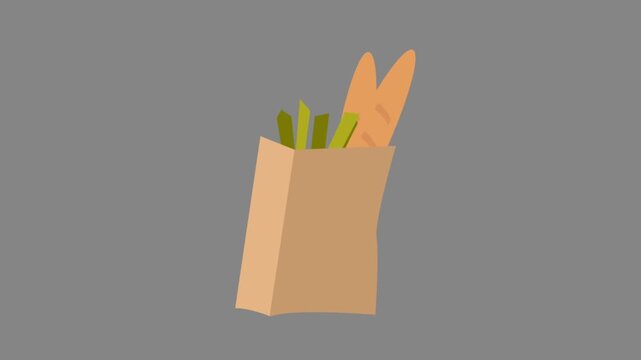 Flat vector animated brown paper grocery bag filled with French bread baguettes and fresh green vegetables