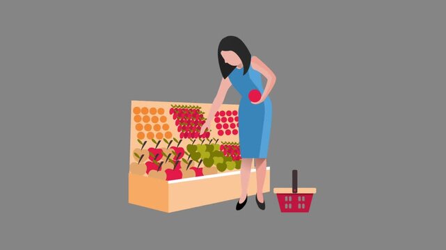 Flat vector animated woman picking a fresh apple from a supermarket display shelf filled with colorful fruits and vegetables