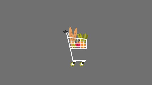 Flat vector animated supermarket shopping cart filled with fresh vegetables