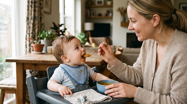 Mother feeding baby pureed food from spoon in high chair at home kitchen table