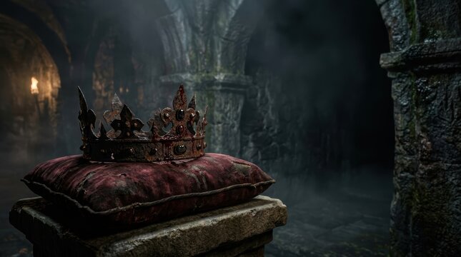 Rusted Bloodstained Iron Crown on Tattered Velvet Cushion in Dark Stone Vault, Conceptual Historical Horror and Royal Cursed Lineage Metaphor for Campaign Banner